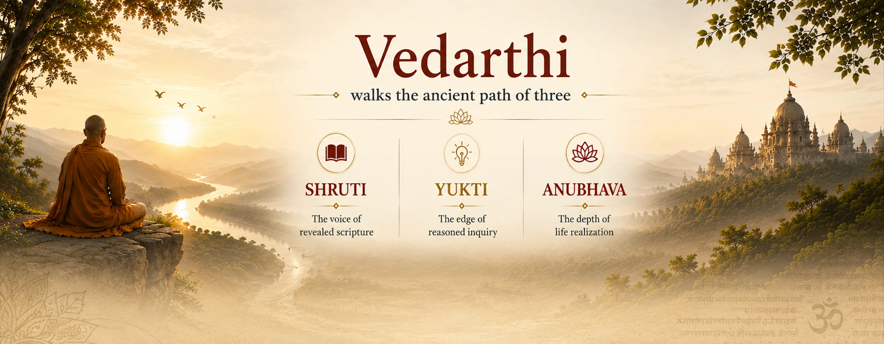 Vedarthi walks the ancient path of three — Shruti, the voice of revealed scripture; Yukti, the edge of reasoned inquiry; Anubhava, the depth of life realization.